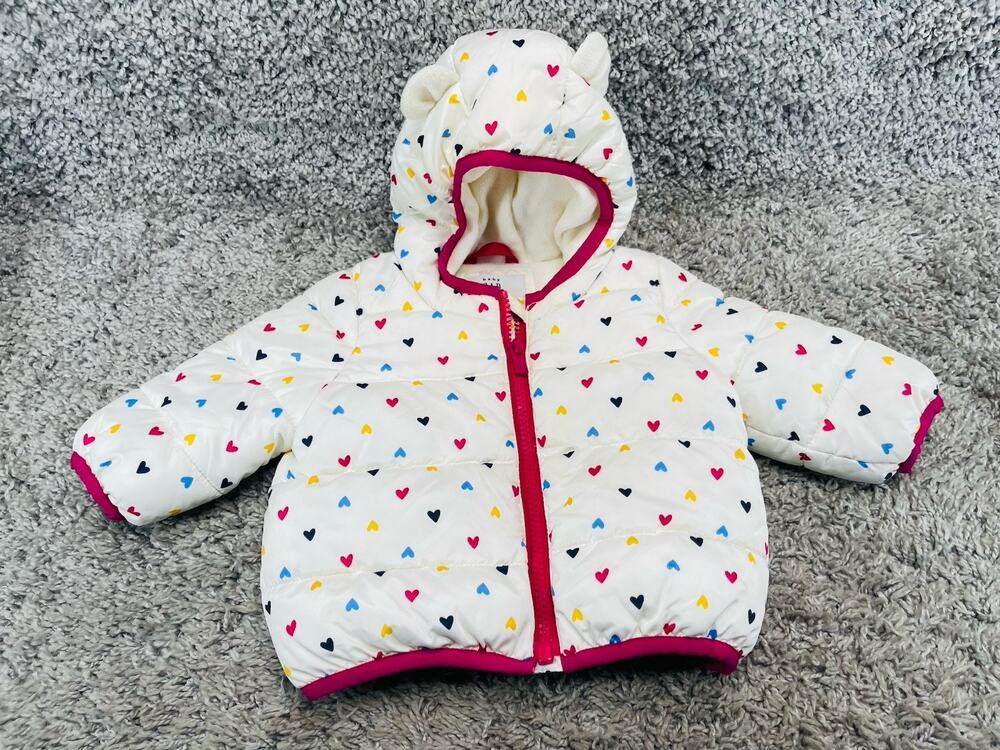 Baby Gap Girls 3-6 Months Water Resistant Heart Prints Jacket Hooded Puffer Coat